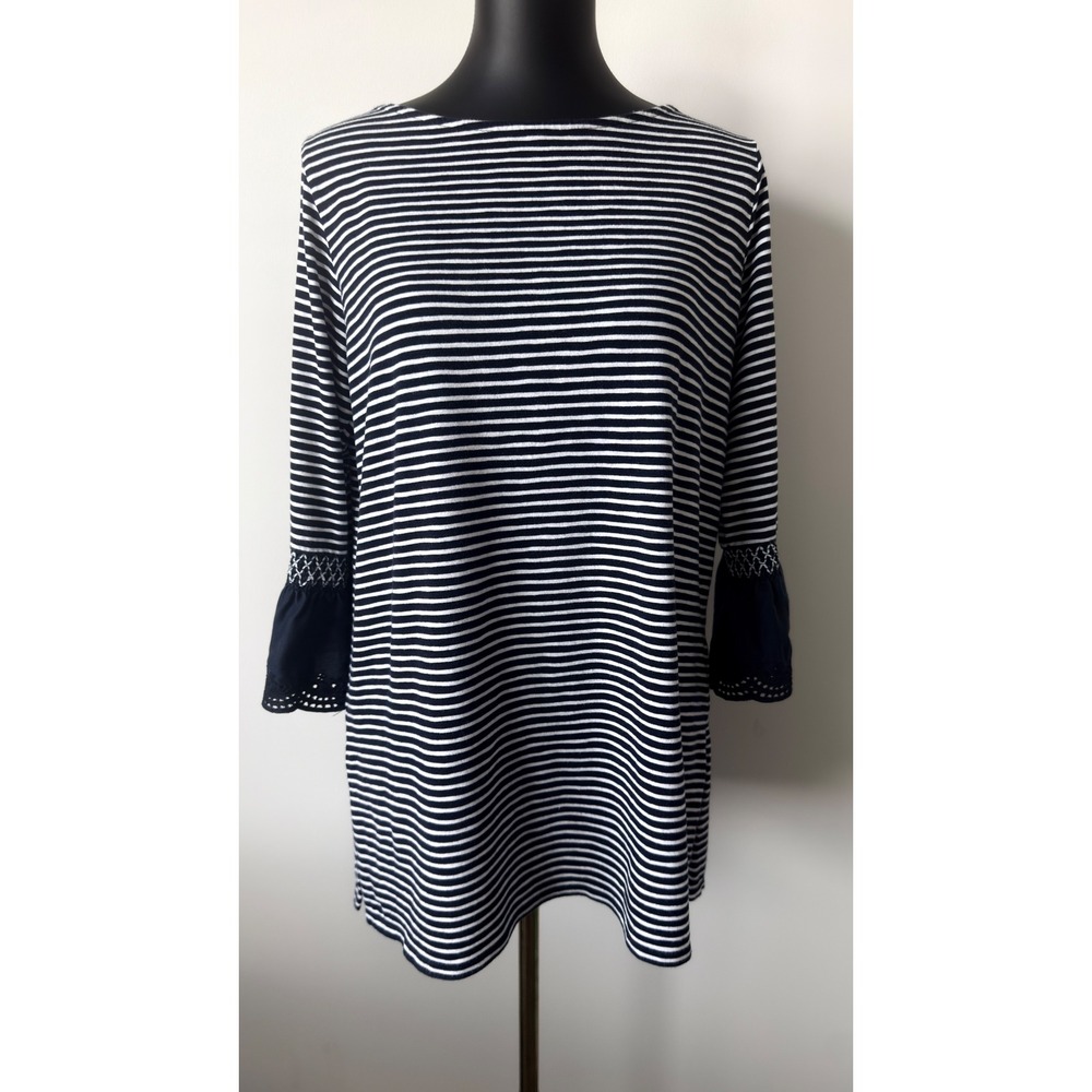 J. Jill Striped Embroidered Eyelet Bell Sleeve Tunic Top Navy White PM Petite